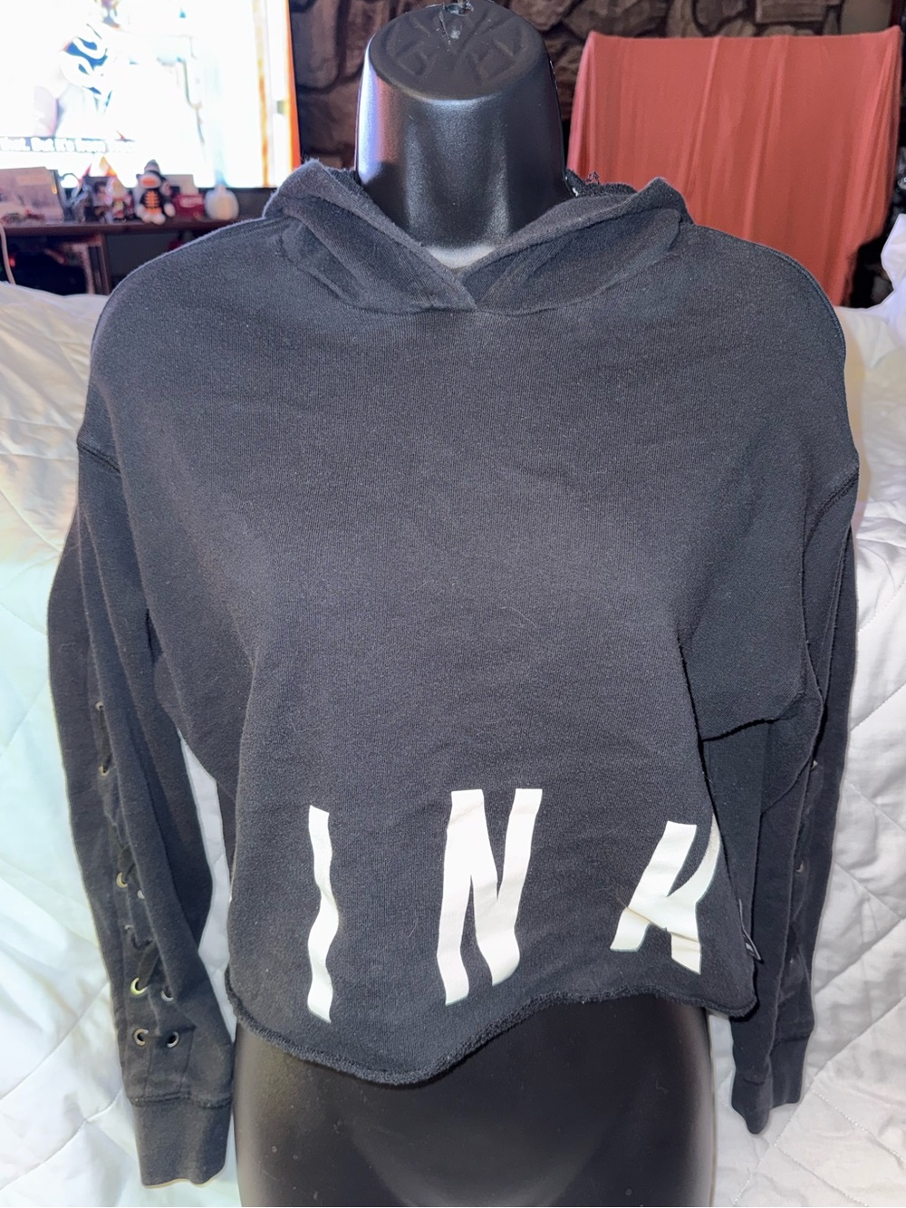PINK Victoria’s Secret Black Lace Up Sleeve Crop Hoodie